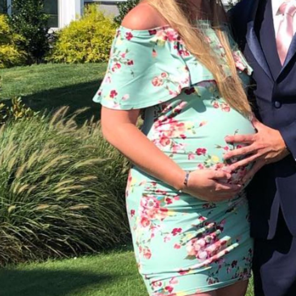 Floral Off Shoulder Maternity Dress - Pink Blush - Size Medium